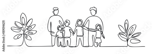 Single continuous line drawing depicting a unified family with two parents and four children holding hands, surrounded by two stylized trees, ideal for projects emphasizing connection and