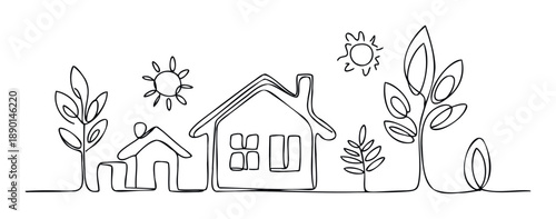 Continuous line drawing depicting homes, various trees, and bright suns, ideal for real estate promotions, environmental awareness campaigns, and wholesome familythemed content.