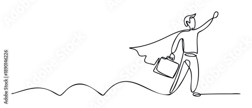 Dynamic one line drawing of a businessman in a superhero cape carrying a briefcase, symbolizing career success, ambition, leadership, and forward progress in professional development.
