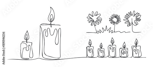 Simple continuous line drawing collection of elegant burning candles and whimsical flowers, ideal for creating serene decor, inviting event graphics, or unique packaging.