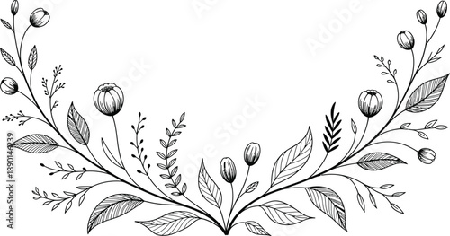 Delicate black and white botanical border with leaves and buds, elegant floral design