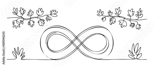 Elegant single line drawing of an infinity symbol surrounded by abstract botanical elements perfect for spiritual branding, wellness material, and timeless graphic templates.