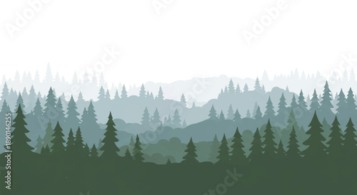 Misty forest landscape with layered hills and silhouetted trees viewed from a distance