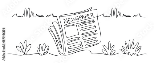 Minimalist continuous line drawing of a folded newspaper with wavy abstract forms representing sound or thought, suitable for news, communication, or mediarelated graphic concepts