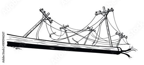 Power infrastructure failure showing fallen wooden utility poles and messy tangled electrical wires on the ground, perfect for illustrating storm damage or service disruptions.