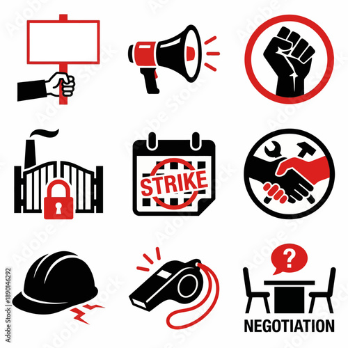 Labor strike and industrial action icon set vector illustration