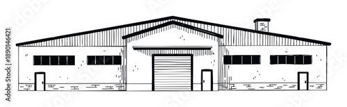 Handdrawn sketch of an industrial warehouse building with gabled roof and loading bay ideal for architectural plans or property development presentations.