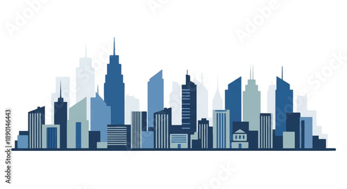 Cityscape illustration featuring skyscrapers and buildings in various shades of blue from a frontal viewpoint