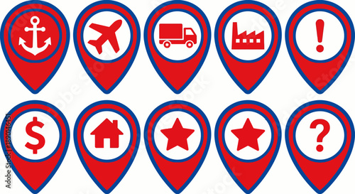 Map pin location markers with various icons vector illustration