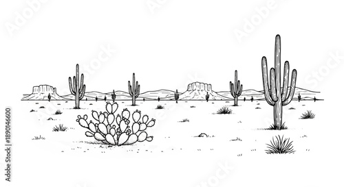 Cacti stand tall in the arid desert landscape illustration from a distance viewpoint