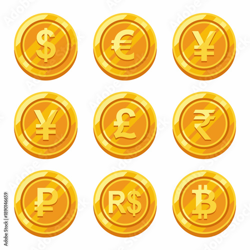 Set of gold currency coins for global finance vector illustration