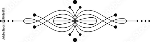 Elegant abstract symmetrical flourish vector design, black and white decorative element with dots and curves.