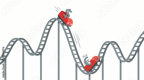 Currency symbols on rollercoaster depicting financial volatility vector illustration