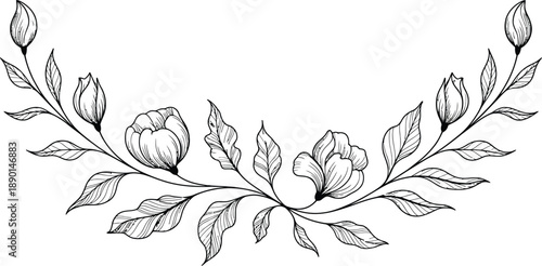 Elegant black and white floral border illustration with blooming flowers and delicate leaves.