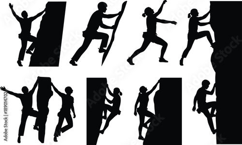 Silhouettes of rock climbers scaling walls in different positions, representing adventure sport, extreme fitness, strength training, and determination isolated on white background for outdoor 