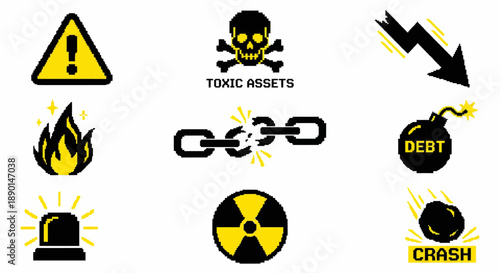 Financial crisis and debt warning icons set pixel art illustration