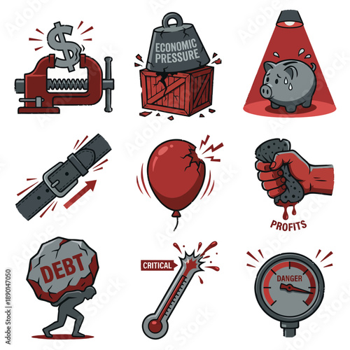 Financial crisis and economic pressure concept icons vector illustration