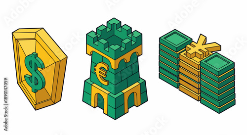 Financial security and global currency icons isometric vector illustration