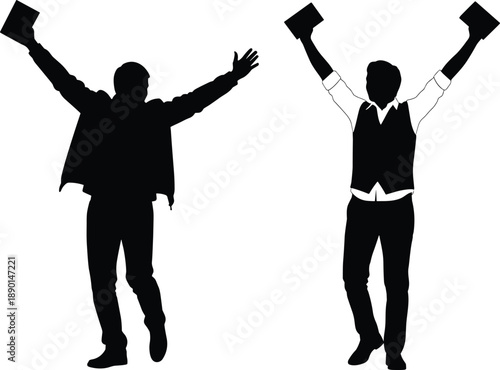 Silhouettes of successful businessmen celebrating achievement with raised hands and documents, victory and teamwork concept isolated on white background for business, education, and motivation themes