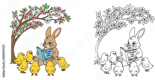 Cute Easter bunny reading book to chicks under blossom tree, vector illustration with coloring page.