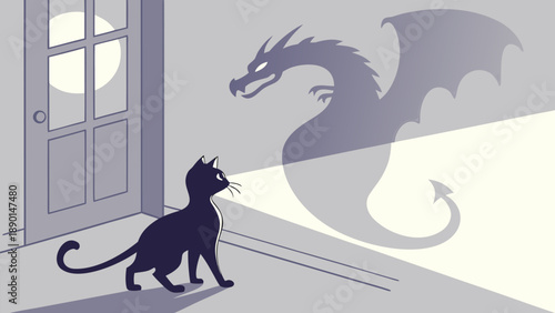 Black cat casting a dragon shadow on wall near door with moonlight