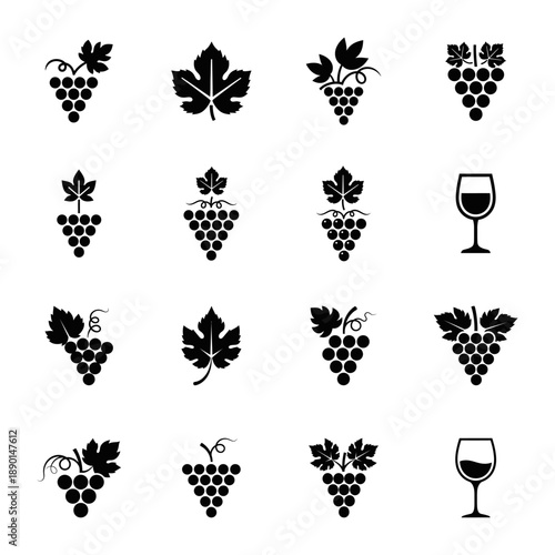 Collection of vector icons representing grapes, grapevines, and wine for viticulture and beverage design
