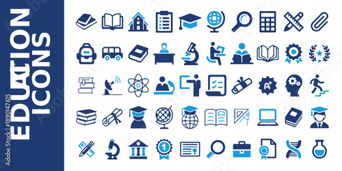 Collection of education and learning icons representing knowledge, studying, teaching, school, books, online courses, and academic activities, featuring multiple styles and perspectives