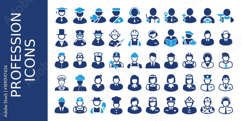 Collection of professional and occupation avatars representing various industries and services, including healthcare, business, education, technology, and other career roles – versatile icons