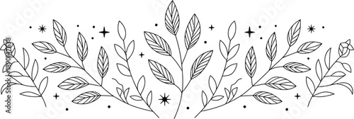 Hand-drawn black ink botanical border with leaves and stars, elegant decorative element for vintage design.