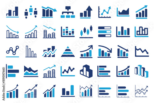 Collection of data visualization icons for business analytics and financial trends, including charts, graphs, dashboards, statistics, and analytics tools in multiple styles and perspectives