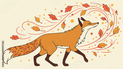 Autumnal fox composed of leaves and embers walking through fallen foliage with glowing embers