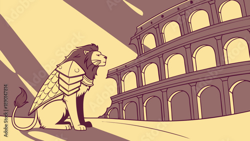 Majestic lion in golden armor sits calmly before ancient colosseum structure with warm sepia tones and dramatic lighting