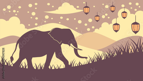 Majestic elephant walking through a serene field with lanterns and mountains