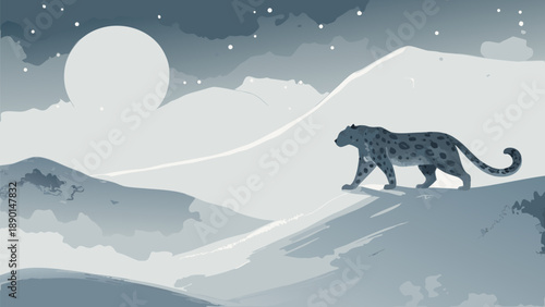 Majestic snow leopard walking on mountain peak under starry night sky with full moon