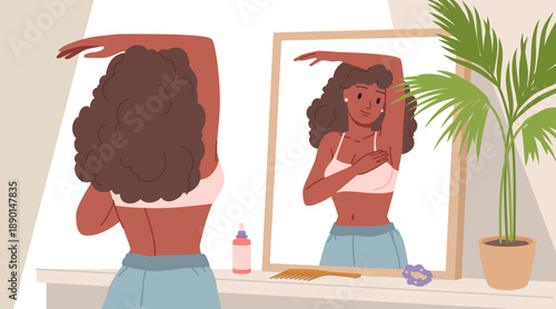 Young woman performing breast self-exam in front of mirror, promoting health awareness and early detection for breast cancer prevention, home setting, vector illustration