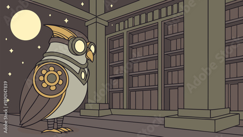 Mechanical owl guarding ancient library at night with full moon