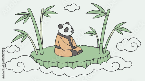 A panda monk meditates peacefully on a floating green bamboo island surrounded by clouds and lush vegetation in a serene natural setting