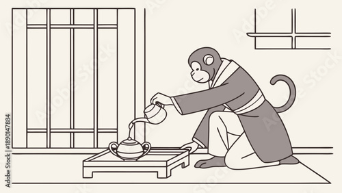 Monkey tea master pouring tea in traditional japanese setting with tatami mat and shoji screens