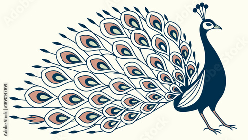 A majestic peacock with vibrant stained glass like feathers spread wide showcasing colorful plumage and elegant neck standing proudly on a plain background