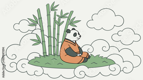 Panda monk meditates peacefully on floating bamboo island surrounded by clouds