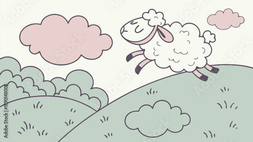 A cartoon sheep jumping on a green hill with fluffy clouds shaped like wool in a whimsical landscape