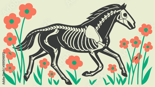 A skeletal horse runs through a field of blooming red poppies on a light green background with green stems and leaves