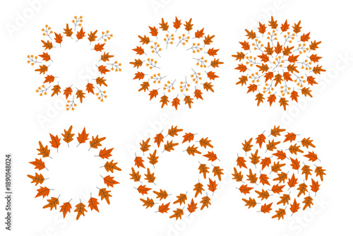 Autumn Leaves Circle Frames and Backdrops in trendy Monochrome Autumn Pallet Minimal Flat design Set. Vector illustration Thanksgiving or Autumn Thematic Cards Social Media post, tag Design Element 