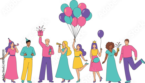 Group of friends celebrating birthday party with balloons gifts drinks and festive outfits joyful celebration illustration