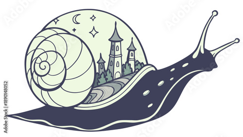 Snail carrying tiny illuminated fantasy cityscape inside shell at night