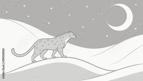Snow leopard walking on snowy hills under moonlight and stars at night in a mystical landscape