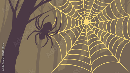 Spider weaving golden web in dark forest with tree silhouette eerie atmosphere and mysterious lighting