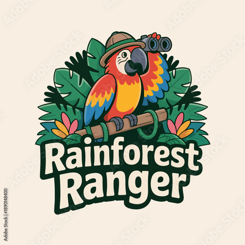 Rainforest Ranger mascot with colorful macaw wearing ranger hat and binoculars among tropical leaves, eco explorer logo illustration for conservation adventures