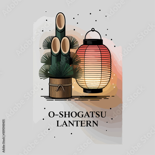 O‑Shogatsu Lantern with kadomatsu pine and bamboo beside a glowing paper lamp, elegant Japanese New Year decoration illustration on white background, vector art