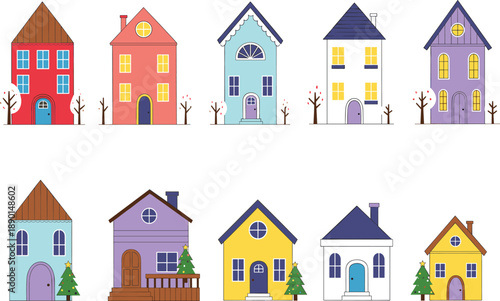 Colorful winter houses collection with snowy rooftops trees and charming architecture perfect for holiday village illustrations